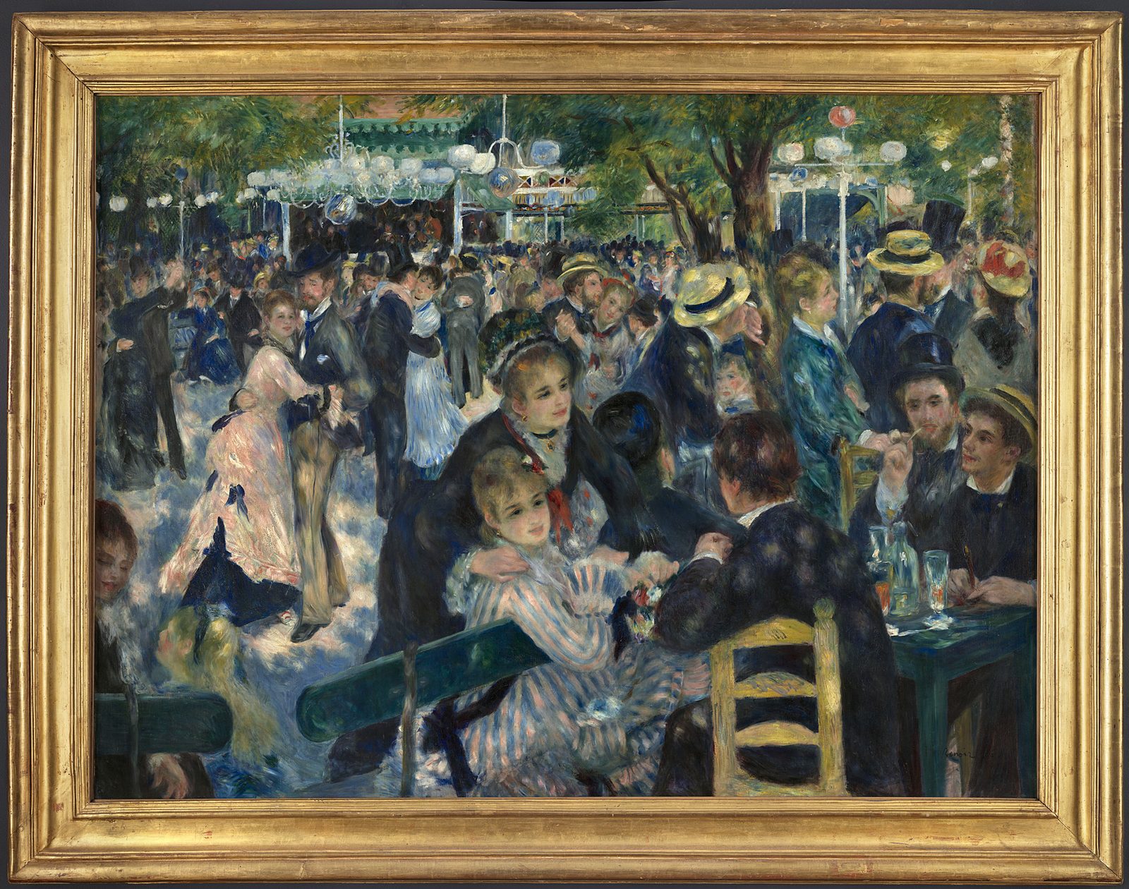 Renoir's Dance at the Moulin de la Galette, with couples and friends beneath dappled light