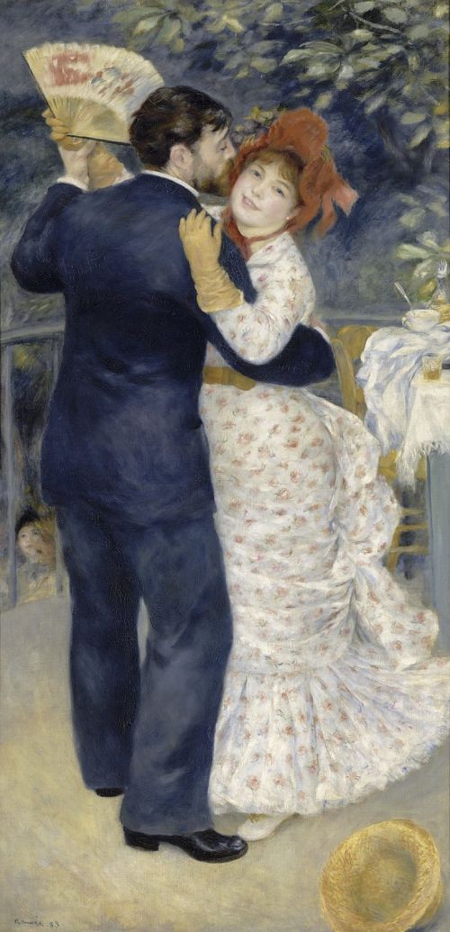 A couple turns closely together in Renoir's nearly life-size Dance in the Country from 1883