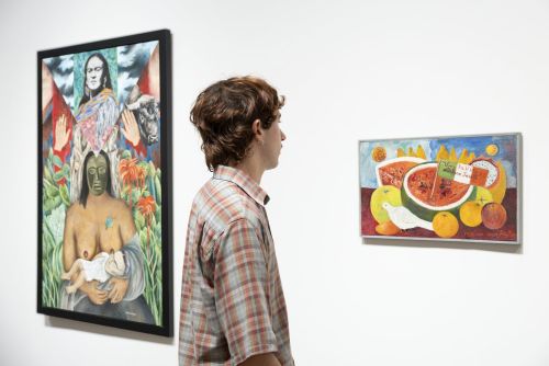 Installation view with paintings, photographs and documents from the Frida Kahlo exhibition