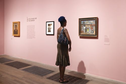 Installation view showing works and archival material in Frida: The Making of an Icon