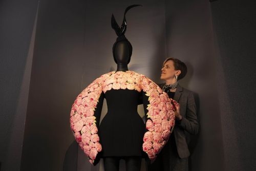 Detail of a Schiaparelli dress shown at the Victoria and Albert Museum exhibition in London