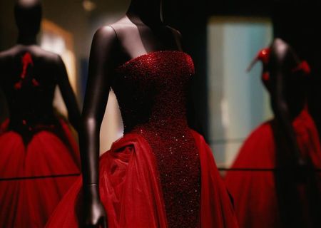 Mannequins wearing Schiaparelli dresses at the Victoria and Albert Museum in London
