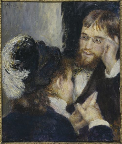 Two figures lean close together in Renoir's intimate 1878 painting Conversation