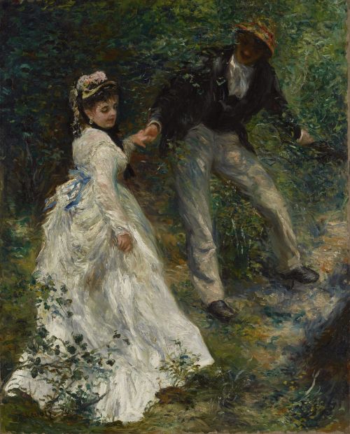A man leads a woman through dense woodland in Renoir's The Promenade, painted in 1870