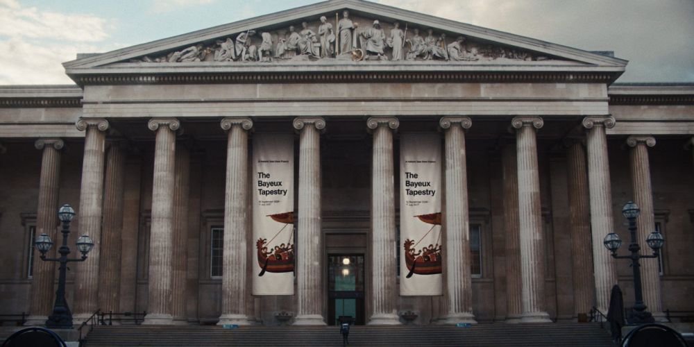 The British Museum facade with The Bayeux Tapestry exhibition banners