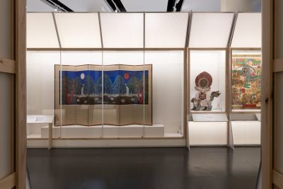 Sun, Moon and Five Peaks and Buddhist objects installed in the Korea exhibition at the British Museum