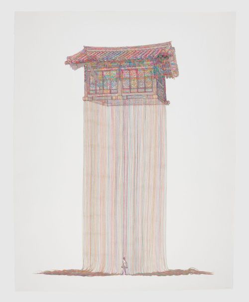 Suh Do Ho's thread-drawn Korean house suspended above a tiny figure on white paper