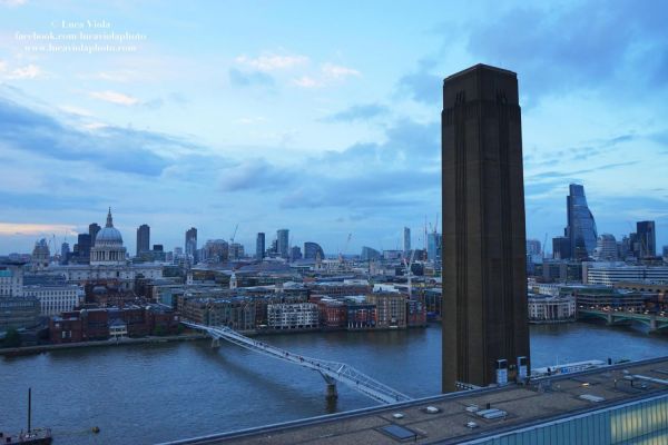View of the Tate Modern building and the River Thames with London skyline in the background