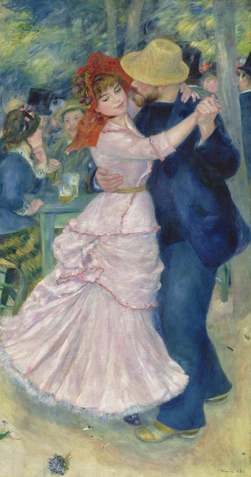 A dancing couple in summer dress fills Renoir's tall 1883 canvas Dance at Bougival