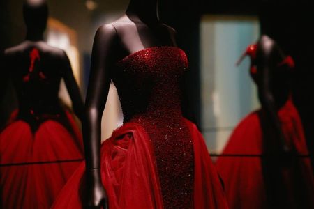 Mannequins wearing Schiaparelli dresses at the Victoria and Albert Museum in London