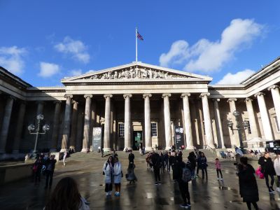 British Museum entrance with visitors walking across the courtyard