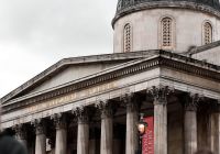 National Gallery London exterior with neoclassical colonnade in Trafalgar Square