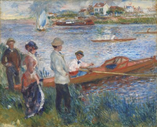 Renoir's Oarsmen at Chatou gathering beside the Seine in a bright riverside scene from 1879