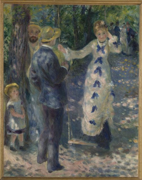 Friends gather around a young woman on a swing in Renoir's sun-dappled garden scene from 1876
