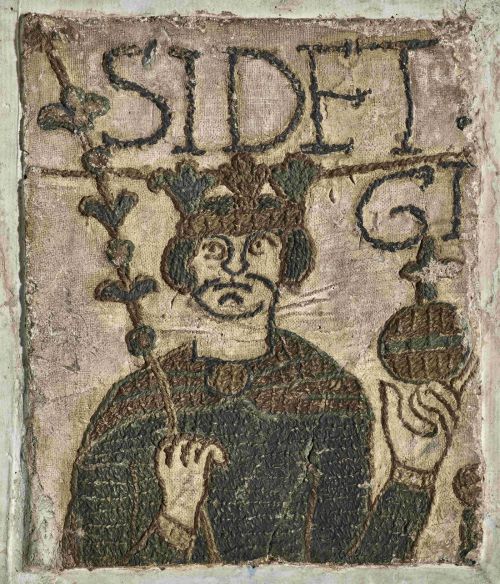 Detail of the Stothard Cast showing a seated king and the inscription SIDET